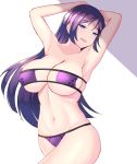  1girl absurdres bangs bare_shoulders bikini blush breasts cleavage collarbone eyepatch_bikini fate/grand_order fate_(series) highres jifuwabe large_breasts long_hair looking_at_viewer minamoto_no_raikou_(fate/grand_order) minamoto_no_raikou_(swimsuit_lancer)_(fate) navel open_mouth parted_bangs purple_bikini purple_eyes purple_hair smile swimsuit thighs very_long_hair 