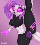  anthro balls breasts bulge clothing genitals glowing glowing_hand glowing_tongue gynomorph hair hi_res intersex leggings legwear lutrine mammal mustelid panties psakorn_tnoi purple_hair raised_leg simple_background solo spread_legs spreading tongue torn_clothing underwear 