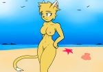  absurd_res anthro beach breasts casual_nudity domestic_cat fan_character felid feline felis female genitals hi_res mammal nipples novaarts nude pose pussy seaside simple_background solo standing 