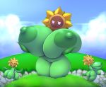  anthro big_breasts big_butt breasts butt cloud elemental_creature elfdrago eyes_closed female flora_fauna flower flower_creature genitals great_sunflower green_body green_skin group hand_on_breast hi_res holding_breast huge_breasts hyper hyper_breasts mario_bros narrowed_eyes nintendo nipples one_eye_closed outside plant pussy size_difference sunflower_kid thick_thighs video_games wink 