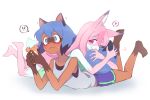  !? 2girls animal_ears blue_hair brand_new_animal cellphone commentary_request dolphin_shorts fox_ears fox_girl fox_tail fur furry green_eyes heart hiwatashi_nazuna holding holding_phone hoyon kagemori_michiru long_hair lying multiple_girls on_stomach one_eye_closed phone pink_hair raccoon_girl raccoon_tail red_eyes short_hair shorts simple_background smile spoken_heart spoken_interrobang tail tail_fondling tank_top white_background yuri 