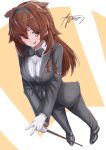  1girl alternate_costume ayuman black_neckwear black_pants breasts brown_eyes brown_hair cane commentary_request from_above hair_flaps hairband highres kantai_collection large_breasts looking_at_viewer pants red_hairband remodel_(kantai_collection) shiratsuyu_(kantai_collection) smile solo tuxedo 