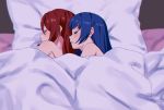  2girls back-to-back bed_sheet blue_hair closed_eyes closed_mouth couple from_above long_hair love_live! love_live!_sunshine!! lying multiple_girls on_side parted_lips pillow profile red_hair sakurauchi_riko sellel shiny shiny_hair sleeping tsushima_yoshiko under_covers yuri 