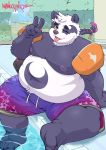  2020 alp_(tas) anthro belly bottomwear clothing detailed_background fur giant_panda hi_res male mammal mangolynx moobs navel nipples one_eye_closed outside overweight overweight_anthro overweight_male purple_body purple_fur shorts sitting solo tokyo_afterschool_summoners tongue tongue_out ursid video_games water white_body white_fur wink 
