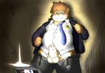  2020 anthro balls blush bottomwear brown_body brown_fur canid canine canis clothing domestic_dog erection eyewear fur genitals glasses hi_res humanoid_genitalia humanoid_penis kemono male mammal necktie overweight overweight_male pants penis reddo12340 shirt topwear young 