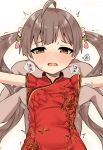  1girl binsen blush breast_grab brown_eyes brown_hair china_dress chinese_clothes dress grabbing grabbing_from_behind groping hair_ornament hakozaki_serika highres idolmaster idolmaster_million_live! idolmaster_million_live!_theater_days long_hair molestation outstretched_arms solo_focus twintails 