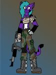  abstract_background alisha(furry_trashcan) ammunition anthro bandage black_stripes blue_hair boots camo camo_clothing camo_pants camo_print chest_band clothing colorful_fur felid feline female footwear furry_trashcan(artist) gun hair hi_res humanoid hybrid mammal midriff neck_jewelry pantherine pattern_clothing purple_body ranged_weapon solo stripes weapon 