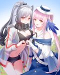  2girls :d animal_ear_fluff animal_ears arknights bangs bare_shoulders black_scarf black_shorts blue_dress breasts cat_ears ceylon_(arknights) cleavage commentary_request crop_top dress eyebrows_visible_through_hair gloves heart heart_hands jacket lanelise large_breasts long_hair long_sleeves looking_at_viewer midriff multiple_girls navel open_clothes open_jacket open_mouth pink_hair scarf schwarz_(arknights) see-through short_shorts shorts sidelocks silver_hair smile stomach thighs very_long_hair white_gloves white_jacket yellow_eyes 