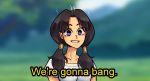  1girl biting black_hair breasts collarbone commentary dragon_ball dragon_ball_z english_commentary english_text hair_tubes highres lip_biting low_twintails medium_breasts nodding nortuet purple_eyes shirt solo subtitled t-shirt twintails videl 