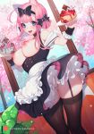  1girl animal_ears apron bangs bare_shoulders black_bow black_skirt blue_eyes blunt_bangs bow breasts breasts_outside cake cat_ears cherry_blossoms day dutch_angle eyebrows_visible_through_hair feet_out_of_frame food fujiwara_chika garter_straps hair_bow happy holding holding_cake holding_food holding_plate kaguya-sama_wa_kokurasetai_~tensai-tachi_no_renai_zunousen~ large_breasts long_hair looking_at_viewer maid maid_cafe nanoless nipples open_mouth patreon_username pink_hair plant plate potted_plant pussy skirt smile solo thighhighs thighs uncensored underbust waist_apron window 