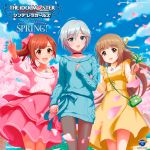  3girls :d anastasia_(idolmaster) bag black_choker blue_eyes blue_sky blue_sweater blurry blurry_background bow brown_eyes brown_hair brown_legwear cherry_blossoms choker cloud day disc_cover dress eyebrows_visible_through_hair floating_hair hair_between_eyes hair_bow hair_ribbon highres idolmaster idolmaster_cinderella_girls igarashi_kyouko index_finger_raised jewelry layered_skirt long_hair medium_skirt multiple_girls off-shoulder_sweater off_shoulder official_art open_mouth outdoors pantyhose pendant petals pinafore_dress pink_skirt pink_sweater red_bow ribbed_sweater ribbon shiny shiny_hair shirt short_hair side_ponytail silver_hair skirt sky sleeveless sleeveless_dress smile summer sweater sweater_dress very_long_hair yellow_dress yellow_ribbon yellow_shirt yorita_yoshino 