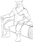  anthro asian_clothing black_and_white boots bulge canid canine canis clothing dilgear_(character) east_asian_clothing footwear fundoshi japanese_clothing male mammal melee_weapon monochrome navel neck_fur simple_background sitting sketch solo sword teeth_showing thegreatmatsutzu underwear weapon white_background wolf 