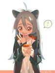  ! 1girl 3: :t animal_ears antenna_hair aqua_hair aqua_jacket backlighting cat_ears closed_mouth croquette dot_nose eyebrows finger_to_mouth food food_on_face hair_between_eyes hands_up holding holding_food hood hood_down hooded_jacket jacket long_hair long_sleeves niwabuki noshime_ruka open_clothes open_jacket original red_eyes shirt signature simple_background solo speech_bubble spoken_exclamation_mark tareme upper_body white_background white_shirt zipper_pull_tab 