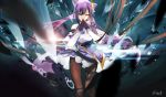  genshin_impact keqing_(genshin_impact) long_hair pantyhose purple_hair signed skirt_lift tagme_(artist) 