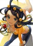  1girl absurdres beads black_hair blaziken breasts cleavage commentary_request dahlia_(pokemon) denim eyelashes grey_eyes hair_beads hair_ornament highres holding holding_poke_ball jeans long_hair long_sleeves looking_at_viewer matsumoto_akira open_mouth orange_shirt pants poke_ball poke_ball_(basic) pokemon pokemon_(creature) pokemon_(game) pokemon_dppt pokemon_platinum shirt smile tongue 