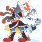  1:1 3_fingers 3_toes ambiguous_gender anthro black_body black_clothing blue_body blue_clothing blush bodily_fluids clothed clothing cotton_(artist) duo fingers fur magical_girl_outfit mega_blaziken mega_evolution mega_lucario nintendo open_mouth pok&eacute;mon pok&eacute;mon_(species) pose pretty_cure red_body spikes spikes_(anatomy) sweat talons toes video_games white_body white_clothing yellow_body yellow_fur 