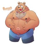  2020 anthro belly bottomwear brown_body brown_fur clothing eyes_closed fur leonthelionel male mammal moobs nipples overweight overweight_anthro overweight_male shorts simple_background solo ursid white_background 