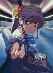 1girl air_pods bag bangs bench blue_neckwear brown_eyes cellphone chair closed_mouth earphones earphones_removed expo2025 film_grain fingernails foreshortening from_side giving hair_ornament highres holding holding_phone indoors kunitarou-art long_hair long_sleeves looking_at_viewer neckerchief original phone pleated_skirt pov purple_hair reaching_out sailor_collar satchel school_uniform serafuku sidelocks sitting skirt smartphone solo sweat train_station v-shaped_eyebrows white_neckwear wireless_earphones 