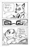  2020 absurd_res ambiguous_gender anthro bedding black_and_white blanket canid canine clothing coat comic dialogue doctor duo eyewear fish fox glasses hi_res humor lab_coat lutrine lying mammal marine medical_instrument monochrome mustelid narrowed_eyes necktie nik_raccoon on_back pun scientific_instrument seashell shell stethoscope topwear under_blanket 