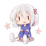  1girl ayanepuna blush_stickers chibi hair_ribbon jacket long_sleeves one_side_up open_mouth original ribbon shoes simple_background sitting socks solo white_background white_footwear white_hair white_legwear 