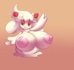  absurd_res alcremie anthro big_breasts breast_expansion breasts digital_media_(artwork) elfdrago expansion female food food_creature fruit gesture hi_res huge_breasts nintendo nipples plant pok&eacute;mon pok&eacute;mon_(species) red_eyes red_sclera shaded smile solo strawberry video_games waving waving_at_viewer waving_hand white_body 