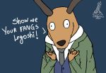  2020 adventure_time anthro antlers beastars blue_background cartoon_network cervid clothed clothing coat dialogue horn humor looking_at_viewer louis_(beastars) male mammal necktie simple_background solo topwear vest watermark yauhasart 