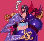  1girl absurdres ass bare_shoulders black_legwear breasts commentary ennuigrl fate/grand_order fate_(series) food fruit highres looking_at_viewer looking_back medium_breasts purple_eyes purple_hair red_background short_hair shuten_douji_(fate/grand_order) simple_background sitting smile thick_thighs thighhighs thighs 