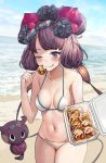  1girl beach bikini blue_eyes breasts eating fate/grand_order fate_(series) food goggles goggles_on_head highres katsushika_hokusai_(fate/grand_order) katsushika_hokusai_(swimsuit_saber)_(fate) navel ocean octopus one_eye_closed purple_hair suou-sensei swimsuit takoyaki tearing_up tokitarou_(fate/grand_order) 