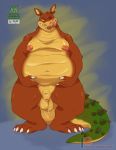  activision anthro balls belly crash_bandicoot_(series) dingodile dripping genitals hi_res humanoid_genitalia humanoid_penis hybrid klotzzilla male mammal moobs nipples penis scalie simple_background slightly_chubby solo tongue video_games 