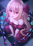  1girl bangs bare_shoulders blonde_hair blush breasts collarbone crystal dress fang flandre_scarlet hair_ribbon highres ibuki_notsu long_hair looking_at_viewer medium_breasts one_side_up open_mouth pointy_ears red_dress red_eyes ribbon side_ponytail sitting slit_pupils smile touhou wariza wings 