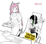  2girls apron black_hair blush book breasts cake caught caution caution_tape censored chair collarbone english_text eyebrows_visible_through_hair floppy_disk food girls_frontline green_hair headphones heavy_breathing highres holding holding_book holding_magazine holding_tray implied_masturbation keep_out keyboard large_breasts leg_up limited_palette long_hair looking_at_another looking_to_the_side m4a1_(girls_frontline) magazine medium_hair multicolored_hair multiple_girls off_shoulder open_mouth persica_(girls_frontline) pink_hair pornography radish_p red_eyes short_sleeves simple_background sitting sleeveless speech_bubble standing streaked_hair sweat tissue_box tray white_background 