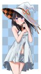  1girl bare_shoulders black_hair black_rabbit_77 bloomers blue_eyes blush bow camisole checkered checkered_background ear embarrassed hand_on_own_cheek hat highres idolmaster idolmaster_shiny_colors kazano_hiori legs_together looking_to_the_side mole orange_bow orange_ribbon ribbon standing underwear white_bloomers white_camisole witch_hat 