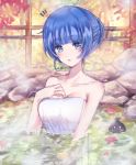  1girl absurdres autumn blue_eyes blue_hair blush breasts cleavage hair_bun highres huge_filesize large_breasts looking_at_viewer naked_towel namamake onsen open_mouth outdoors shironeko_project sidelocks solo towa_(evenicle) towel tree water 