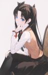  1girl bangs beige_vest black_hair black_legwear black_ribbon black_skirt blue_eyes blush breasts brown_hair crossed_legs fate/stay_night fate_(series) hair_ribbon hiera12 long_hair long_sleeves looking_at_viewer parted_bangs ribbon shirt sitting skirt small_breasts solo thighhighs tohsaka_rin two_side_up white_shirt 