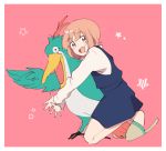  1girl :o aragaki_bigbird aragaki_rei bird blue_skirt brown_eyes eyebrows_visible_through_hair highres light_brown_hair official_style open_mouth pink_background shirt short_hair simple_background skirt slippers taiso_samurai white_shirt yusa_(strn_yrny) 