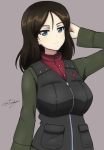  1girl artist_name bangs black_hair black_vest blue_eyes bukkuri closed_mouth commentary dated girls_und_panzer green_jacket grey_background hand_in_hair highres insignia jacket long_hair long_sleeves looking_at_viewer military military_uniform nonna_(girls_und_panzer) pravda_military_uniform red_shirt shirt signature simple_background smile solo swept_bangs turtleneck uniform upper_body vest zipper 