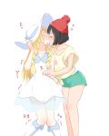  2girls absurdres black_hair blonde_hair blush chin_grab closed_eyes commentary_request couple dress hair_ribbon hat highres holding_hands kiss knees_together kurosawa_karura lillie_(pokemon) long_hair multiple_girls pokemon pokemon_(game) pokemon_sm ribbon selene_(pokemon) shirt short_hair shorts simple_background sun_hat very_long_hair white_background yuri 