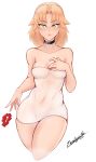  1girl 2020 absurdres alternate_hairstyle bare_shoulders black_choker blonde_hair breasts choker cleavage covered_navel cropped_legs dark_persona dated fate/grand_order fate_(series) hand_on_own_chest highres lips long_hair medium_breasts mordred_(fate) mordred_(fate)_(all) naked_towel red_scrunchie scrunchie scrunchie_removed solo thighs towel white_background yellow_eyes zealyush 