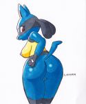  2020 anthro anthrofied big_butt biped blue_body blue_fur breasts butt canid canine female fingers fur genitals hair looking_at_viewer looking_back loshon lucario mammal marker_(artwork) nintendo nipples nude open_mouth pok&eacute;mon pok&eacute;mon_(species) pussy red_eyes simple_background solo traditional_media_(artwork) video_games 