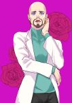  1boy aqua_shirt arm_across_waist bald beard black_pants britney_(taisou_samurai) brown_eyes earrings eyeliner facial_hair flower hand_up highres hoop_earrings jewelry labcoat long_sleeves looking_at_viewer makeup male_focus pants pink_background rose shirt solo standing taiso_samurai tubakitwilight 