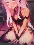  1girl between_legs black_dress black_legwear blush breasts china_dress chinese_clothes chloe_von_einzbern clothing_cutout commentary_request covered_nipples cuffs dark_skin demon_tail dress fangs fate/grand_order fate/kaleid_liner_prisma_illya fate_(series) hand_between_legs highres indoors long_hair looking_at_viewer m-da_s-tarou navel navel_cutout pelvic_curtain photo_(medium) pink_hair restrained shackles short_dress side-tie_dress sidelocks sitting small_breasts solo sweat tail thighhighs torn_clothes torn_legwear wariza yellow_eyes 