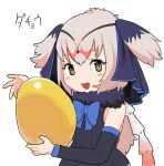  1girl absurdres bird_girl black_fur blue_neckwear blush bow bowtie commentary_request detached_sleeves eyebrows_visible_through_hair fur_collar golden_egg green_eyes head_chain head_scarf head_wings highres kemono_friends looking_at_viewer multicolored_hair open_mouth ostrich_(kemono_friends) pink_hair scarf short_hair sleeveless solo tranqu white_hair 