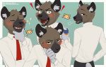  2020 absurd_res aggressive_retsuko anthro blush bodily_fluids border brown_body brown_fur clothed clothing digital_media_(artwork) eyes_closed fully_clothed fur haida hi_res holding_can hyaenid inner_ear_fluff male mammal necktie open_mouth open_smile riska_(artist) sanrio shaded sharp_teeth shirt simple_background smile spotted_hyena sweat sweatdrop teeth text topwear tuft url white_border 