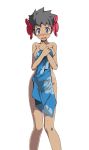  1girl :o bangs bare_arms bare_legs bare_shoulders black_hair blue_eyes blue_sarong blush breast_squeeze breasts covering covering_body crying crying_with_eyes_open elite_four floral_print flower hair_flower hair_ornament large_breasts looking_at_viewer open_mouth phoebe_(pokemon) pokemon pokemon_(game) pokemon_oras pokemon_rse red_flower sarong short_hair simple_background solo sweat sweatdrop tan tears tsukishiro_saika white_background 