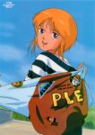  1990s_(style) 1girl blue_eyes day elpeo_puru gundam gundam_zz logo looking_back non-web_source official_art onda_naoyuki open_mouth orange_hair outdoors removing_jacket shirt short_hair solo striped striped_shirt 