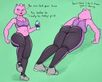  2020 5:4 anthro athletic athletic_anthro athletic_female black_bottomwear black_clothing black_pants bojack_horseman bottle bottomwear breasts butt cleavage clothed clothing crop_top dialogue domestic_cat english_text exercise felid feline felis female footwear fully_clothed fur green_background green_eyes hi_res holding_bottle holding_object mammal midriff navel netflix on_one_leg oystercatcher7 pants pink_body pink_fur princess_carolyn purple_clothing purple_crop_top purple_topwear push-up rear_view shirt shoes simple_background solo standing sweatpants talking_to_viewer text topwear water_bottle whiskers yoga_pants 