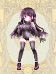  1girl bangs black_gloves black_legwear bow breasts dairoku_youhei elbow_gloves full_body gloves hair_bow large_breasts leotard long_hair looking_at_viewer open_mouth purple_eyes purple_hair shikito solo thighhighs 