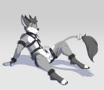  2018 3_toes 4_fingers abstract_background amber_eyes animal_genitalia animal_penis ankle_cuffs anthro arm_cuffs arm_support balls biped black_collar blush body_harness canid canine claws collar digital_drawing_(artwork) digital_media_(artwork) fingers fur genitals gg_(tenecayr) grey_background grey_body grey_fur grey_hair grey_tail hair handcuffs harness horn hybrid leg_cuff male mammal milodesty monotone_hair multicolored_body multicolored_fur nude on_ground penis raised_tail reclining shackles sheath signature simple_background solo tail_tuft toes tuft white_body white_fur 