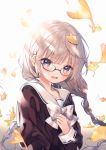  1girl ana_(rznuscrf) autumn_leaves bangs blue_eyes blunt_bangs blush bow brown_serafuku eyebrows_visible_through_hair ginkgo_leaf glasses long_hair long_sleeves open_mouth original school_uniform semi-rimless_eyewear serafuku solo under-rim_eyewear upper_body white_hair wind 