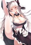  1girl absurdres azur_lane bangs bare_shoulders between_breasts black_dress blush breasts cleavage dress earrings eyebrows_visible_through_hair flexible formidable_(azur_lane) frilled_dress frills grey_hair hair_ribbon highres jewelry large_breasts leg_lift leg_up long_hair looking_at_viewer nenobi_(nenorium) open_mouth pantyhose red_eyes ribbon simple_background solo split standing standing_on_one_leg standing_split twintails two-tone_dress two-tone_ribbon very_long_hair white_background white_legwear 